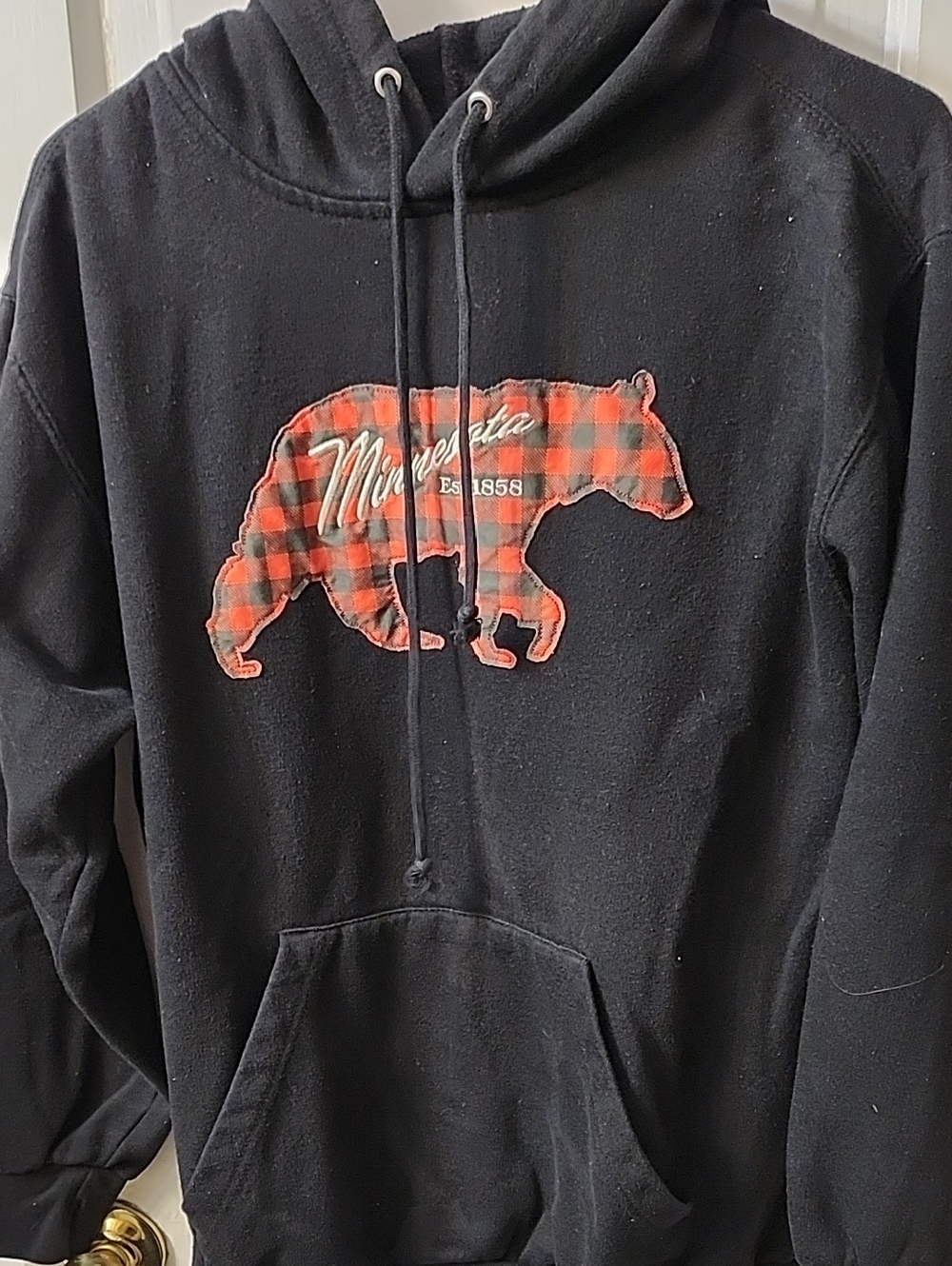 Minnesota Black Hoodie with Red Plaid Bear Graphic
